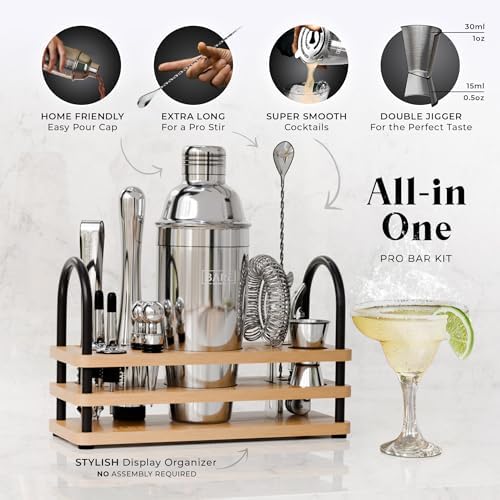 BARE BARREL® Mixology Bartender Kit Bar Set | 14-Piece Cocktail Shaker Set | Martini Barware Mixing Tools for Home Bartending | 35 Recipe Cards | Gift Set (24oz Cobbler Shaker, Silver/Natural) - Image 2