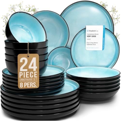 24 Piece Stoneware Dinnerware Set for 8, Handcrafted Plates and Bowls Set by PURELIVING