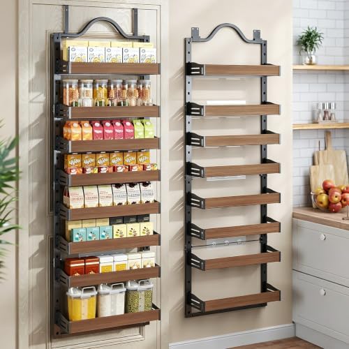 8-Tier Pantry Door Organizer, Over the Door Pantry Organizer with Wooden Adjustable Baskets, 2 IN 1 Spice Rack Wall Mount or Door Organizer, Door Spice Rack for Pantry（72.6×17.1×5.1in,Black) by FREEXPLOYER