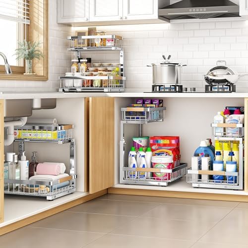 PXRACK Under Sink Organizer, Adjustable Height, 2 Tier Pull Out Cabinet Organizer, Slide Out Thickened Metal Storage for Kitchen Bathroom Laundry Pantry Cabinet, Stainless Steel, Silver, Large-1-Pack - Image 7