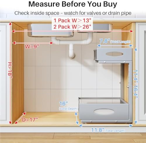 Under Sink Organizer, 2 Pack 2 Tier Pull Out Under Cabinet Organizer Shelf with Pad for Framed Cabinets, Metal Slide Out Under Sink Storage, Mesh Sliding Drawers for Kitchen Bathroom Laundry, Grey - Image 2