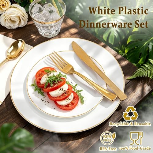 Festiva 175PCS White and Gold Plastic Plates - White with Gold Rim Fall Dinnerware Set - 25Guest include Plates Cups Cutlery Napkins for Birthday Party&Wedding& Thanksgiving - Image 4