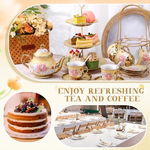 21 Pcs Porcelain Tea Set with 3 Tier Dessert Stand, Yellow, Vintage - Image 6