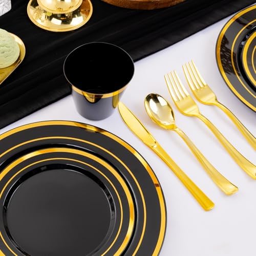 WELLIFE Black and Gold Plates, Plastic Dinnerware Set for 75 Guests - Image 4