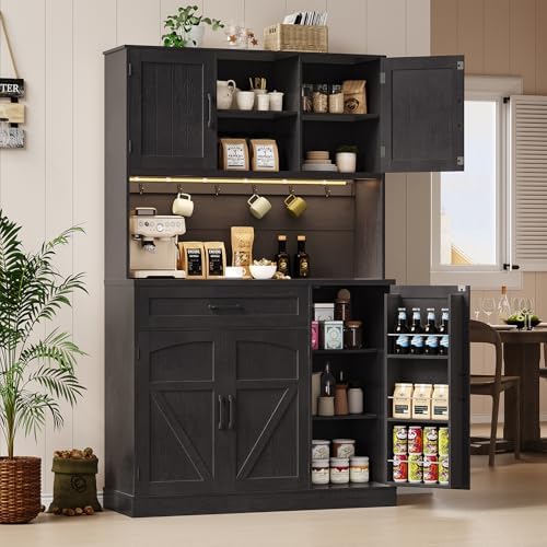 ONBRILL 71" Kitchen Pantry Storage Cabinet with LED Light/Outlet, Black by ONBRILL