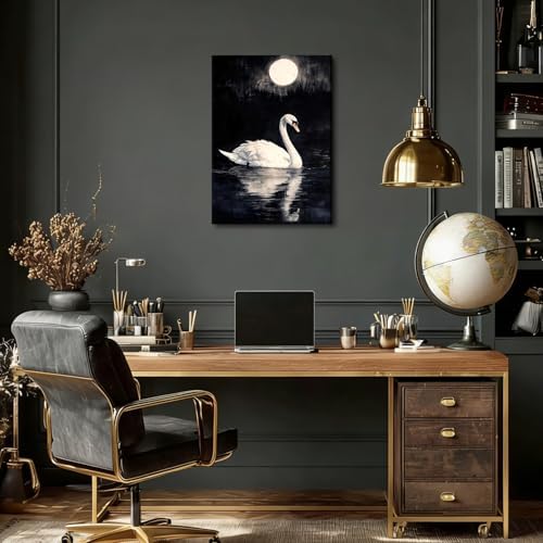 Doqueodas Vintage White Swan on Black Background Canvas Wall Art16x24 inch - Image 2