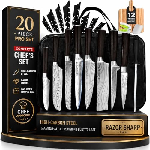 Japanese Kitchen Knife Set with Bag, 20-Piece Professional Chef Knife Set, High Carbon Stainless Steel Knives, Travel Case and Cutting Board, Complete Cooking Set by DiversityDS