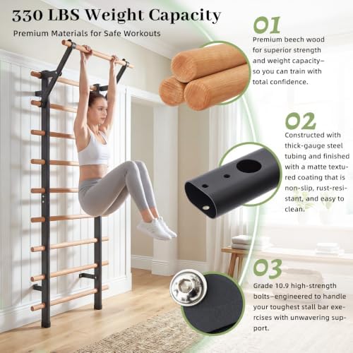 DHT Wood Stall Bar, Swedish Ladder Suspension Trainer with 9 Strategic Rods, for Home, Gym, School and Clinics, Black - Image 3