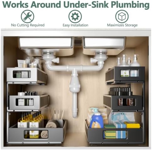 Under Sink Organizer, 3-Tier Height Adjustable Pull Out Cabinet Organizer - Image 3