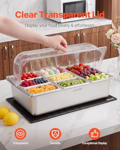 VEVOR Countertop Food Serving Display Container, Stainless Steel Food Salad Server Tray, Buffet Condiment Dispenser, Ice Cooled Rack with Clear Roll Top Cover, for Restaurant Hotel (1x1/3+6x1/9 Pan) - Image 3