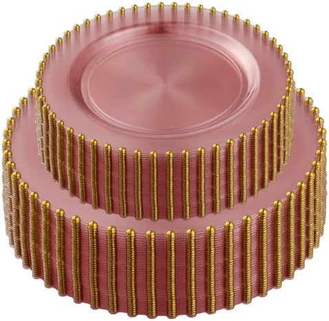 PLASTICPRO 128 Piece Combo Plastic Dinner Plates Disposable Plastic Fancy Heavy Duty Party Dishes 7 inch and 10 inch, Translucent Rose and Gold Beaded - Image 6