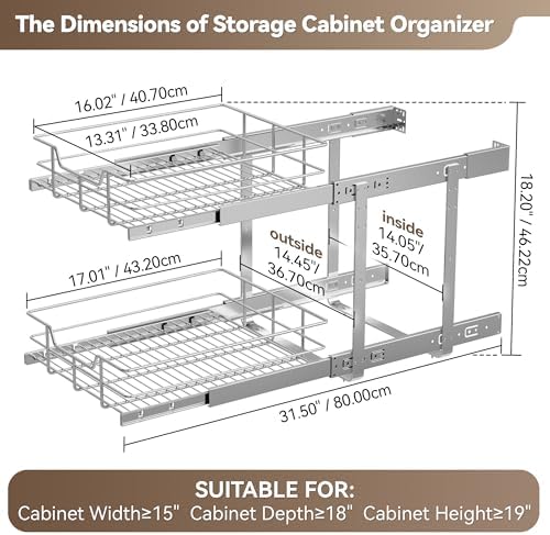 2 Tier Pull Out Cabinet Organizer 15" W X 17" D, Chromed, Full Slide Out - Image 2