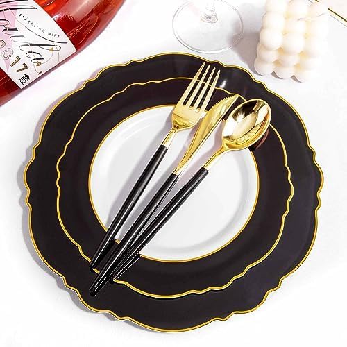 WDF 30Guest Black and Gold Plastic Plates - New Year Plates - Gold Plastic Silverware With Black Handle Baroque Black and Gold Disposable Dinnerware for New Year &Parties (Pack of 2) - Image 2