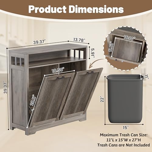 Pet-Proof Double 13 Gallon Tilt Out Trash Can Cabinet with Open Storage – Hide Garbage & Recycling Bins to Keep Your Kitchen Clean and Organized,Wood Grey - Image 3