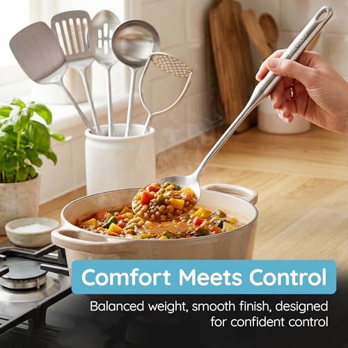 Millvado Stainless Steel Kitchen Utensil Set, Cooking Utensils, Set of 6 Kitchen Tools, Solid Spoon, Slotted Spoon, Solid Turner, Slotted Turner, Soup Ladle, Potato Masher, Dishwasher Safe - Image 5