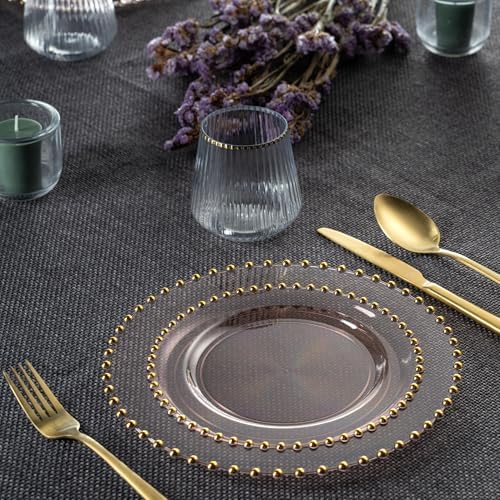 PLASTICPRO 64 Piece Combo Plastic Dinner Plates Disposable Plastic Fancy Heavy Duty Party Dishes 7 inch and 10 inch, Translucent Pink and Gold Beaded - Image 3