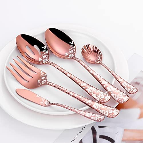Stapava 53-Piece Copper Silverware Set with Serving Utensils for 8, Stainless Steel Rose Gold Flatware Cutlery Set, Mirror Eating Utensils Tableware with Butterfly Flower Laser, Dishwasher Safe - Image 3