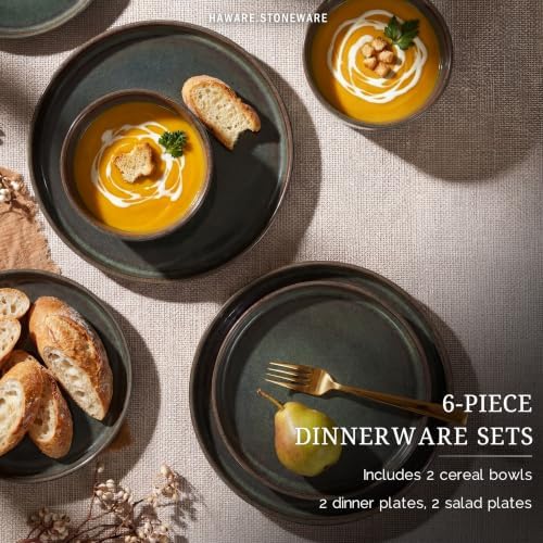 HaWare Dinnerware Sets, Plates and Bowls Set for 2, Reactive Pine Green - Image 3