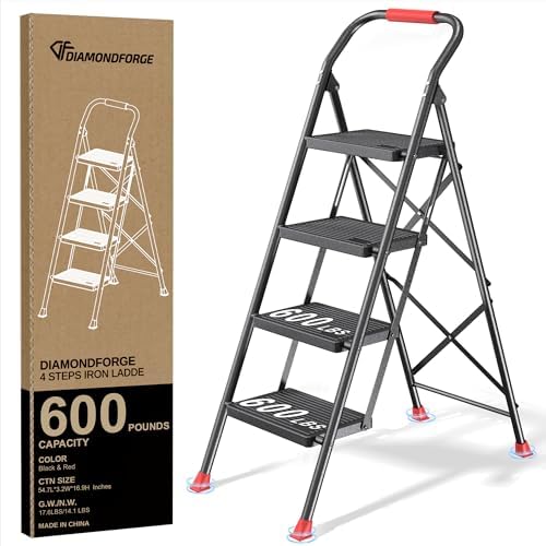Step Ladder Foldable Folding Stool - for Home Adults Kitchen 4 Stepping Extension Tall Heavy Duty with Handrails - Closet Stepstool Stair Ladders Extendable Stepladder for Indoor House 600Lbs by DIAMONDFORGE
