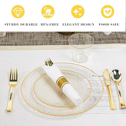 HOMIP 175PCS Clear Gold Glilter Plastic Dinnerware Set,Prerolled Silverware - Image 3