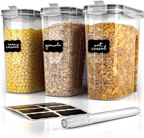 Simply Gourmet Airtight Cereal Containers with Lids – 3 Piece Tall Kitchen Pantry Organization Set, BPA-Free Clear Plastic, Pour Spout Lids for Breakfast Cereal, Rice, Flour, Sugar, Snacks by SimplyGourmet