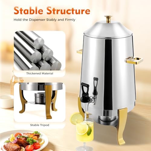 Hot Beverage Dispenser 3.43 Gallon, Beverage Dispenser Chafer Coffee Chafer Urn Gold, Stainless Steel Aluminum Alloy Tabletop Hot/Cold Drink Dispenser for Parties Buffet - Image 6