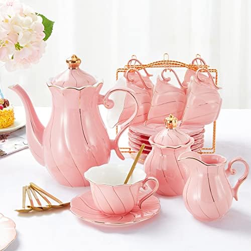 DUJUST 22 pcs Porcelain Tea Set for 6, Luxury British Style Tea/Coffee Cup Set with Golden Trim, Beautiful Tea Set for Women, Tea Party Set, Gift Package (With a Stand) - Pink by DUJUST