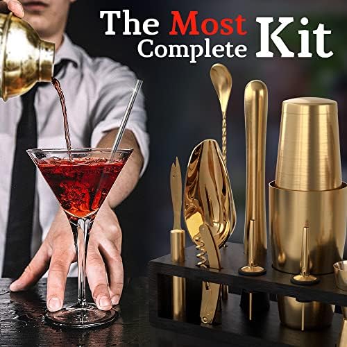 Highball & Chaser Bartender Kit with Black Bamboo Stand Beautiful Cocktail Shaker Set and Bar Tools Stainless Steel Boston Shaker Bartender Kit with Stand (Antique Gold) - Image 2