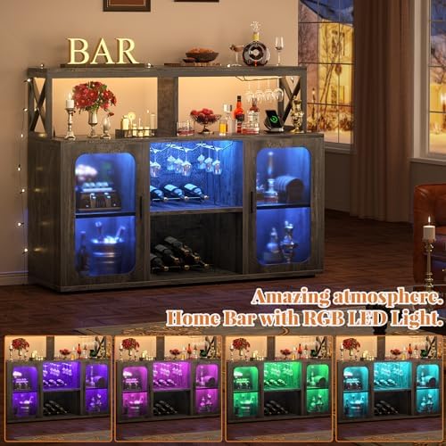 Aheaplus Bar Cabinet with Power Outlets, Liquor Cabinet with Led Lights and Glass Holder, Storage Buffet Cabinet Coffee Bar Cabinet for Liquor, Wine Cabinet with Racks for Home, Kitchen, Grey Oak - Image 6
