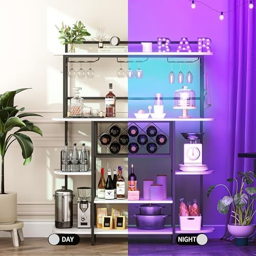 Wine Rack Table with RGB LED Lights, Home Bar Cabinet for Liquor and Glasses, Bar Stand for Living Room, Wood Wine Bar Table with Storage Shelves, Freestanding Bar for Apartment, 47.2" Rustic - Image 4