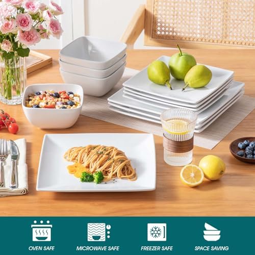 vancasso Soho Dinnerware Sets 12 Pieces, White Stoneware Square Place Setting, Dinner Plate, Dessert Plate, Bowls Service for 4 - Image 4