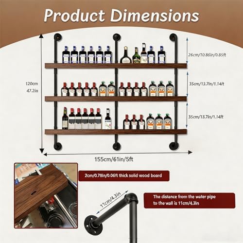 61IN Wall Mounted Wine Rack 3-Tier Industrial Pipe with LED Light - Image 2