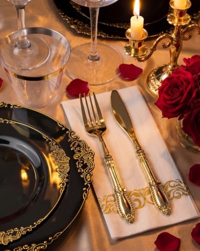 Morejoy 175PCS Black and Gold Plastic Plates Dinnerware Sets for 25 Guests - Image 7