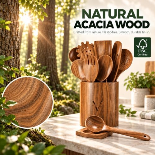 XXL Wooden Utensil Set, 13-Piece Acacia Wood Tools with Holder & Spoon Rest - Image 5