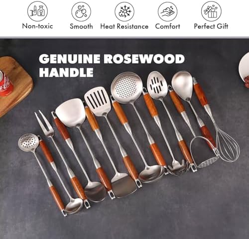 15” Metal Kitchen Utensils Set with RooseWood Handle - 18/10 Stainless Steel Cooking Utensils, 14 PCS Large & Small Spoons Set - Whisk, Masher, Fork, Spatula, Turner, Ladle, Skimmer, Pasta - Image 3