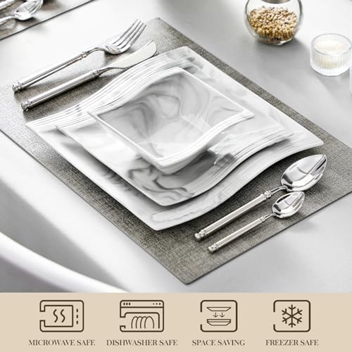 MALACASA Plates and Bowls Set, 12-Piece Modern Porcelain Dinnerware for 4, Marble Square Ceramic Dish Set, Microwave and Dishwasher Safe, Flora Series - Image 4