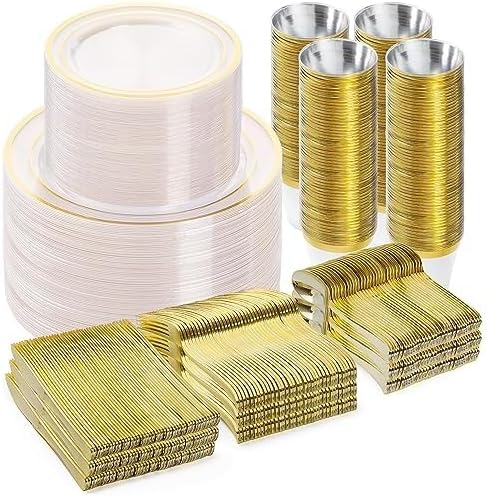 BESTVIP 600PCS Clear Gold Dinnerware Set for 100 Guests, by Bestvip