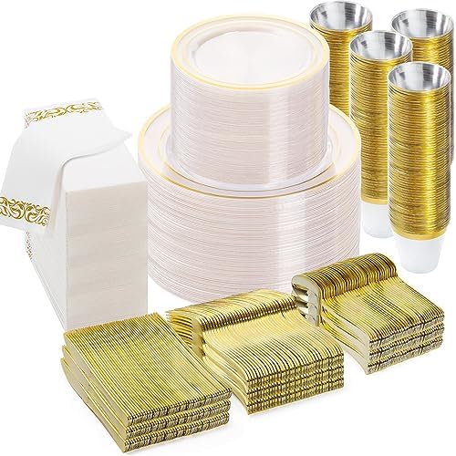 BESTVIP 700 PCS Clear Gold Plastic Plates and Silverware Set Disposable by Bestvip
