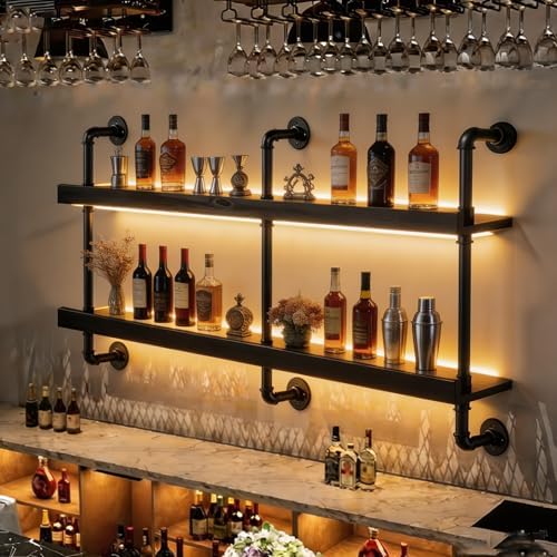 Wall Mounted Wine Rack with LED Light - 2-Tier Solid Wood Industrial Rustic Floating Shelves, Bottle Storage Organizer for Kitchen, Bar, Pub, Cellar, Home Bar (Black, 2-155cm/61in) by flowercart