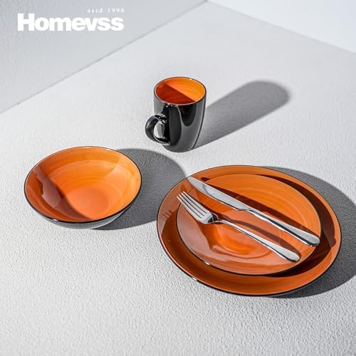 HomeVss, Stoneware Sonoma 16pc Dinnerware Set, Black + Speckled Spin Wash Orange - Image 5