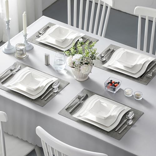 MALACASA Ivory White Dinnerware Set, 12 Pieces - Porcelain Dinner Plates, Dessert Plates and Bowls, Square Flora Pattern - Image 6