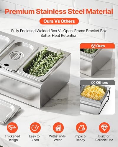 VEVOR Countertop Food Serving Display Container, Stainless Steel Food Salad Server Tray, Buffet Condiment Dispenser, Ice Cooled Rack with Separate Lid, for Restaurant Hotel Kitchen (2x1/6+3x1/9 Pan) - Image 4