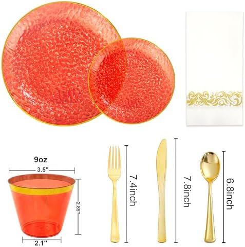 Rubtlamp 350 Pcs Plastic Dinnerware Set (50 Guests), Red And Gold Plastic Plates, Hammered Party Plates Set Include Dinner Plates, Dessert Plates, Cups, Cutlery Set And Napkins for Wedding And Party - Image 2