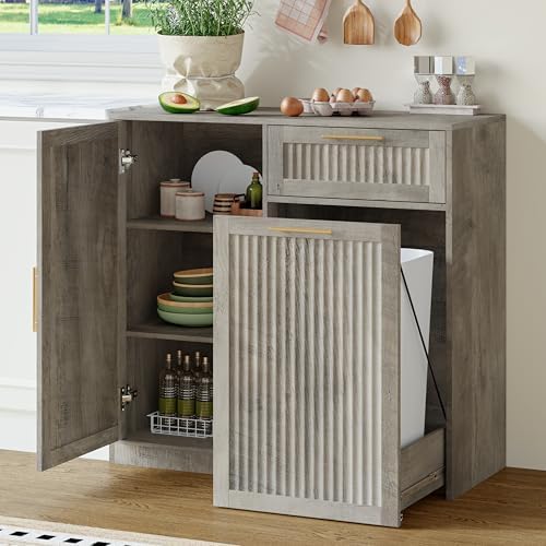 Single 13 Gallon Pull Out Trash Can Cabinet with Storage Cabinet,Wood Grey by JMHDYG
