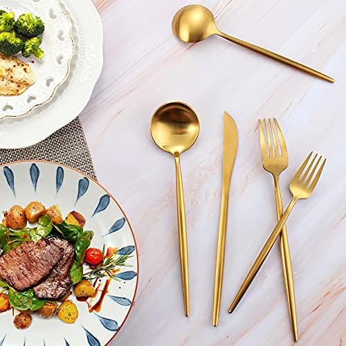 Matte Gold Silverware Set, IBIILII JEFF 40 Pieces Stainless Steel Flatware Set，Kitchen Utensil Set, Tableware Cutlery Set, Knife Spoons And Forks Set, Satin Finished Polished & Dishwasher Safe - Image 5