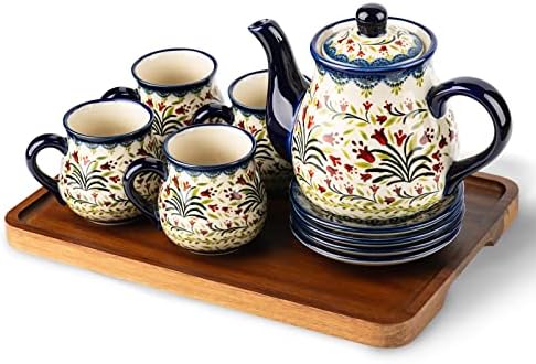 polish pottery style porcelain ceramic 10 piece Tea set,7.2oz tea cup and sauce set of 4,28.2oz teapot and 1wooden tray. (The tulip) by ONECCI