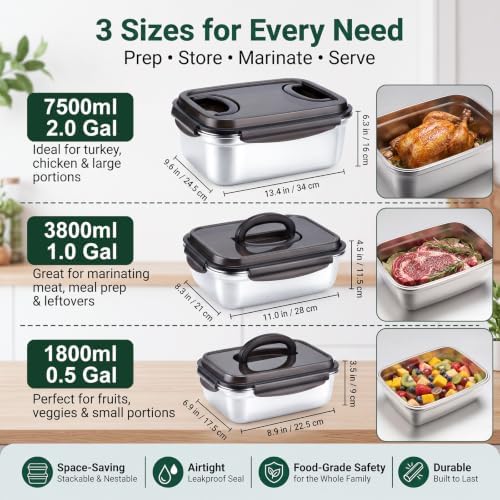 3 Pack Large 254+129+61oz Stainless Steel Food Containers with Handle Lids - Image 2