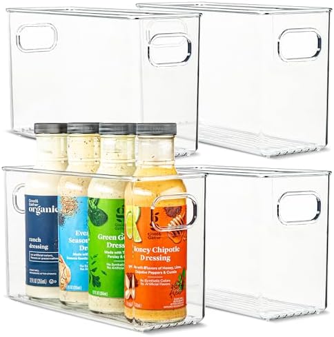Plastic Food Storage 4 Pack Clear Container Bin with Handles for Organizing Kitchen, Pantry, Refrigerator, Freezer, Pantry, Cabinet, Closet, Bathroom. 10”x4”x6” by primebox
