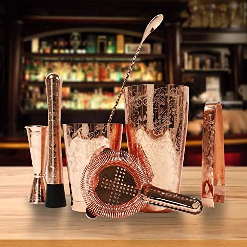 Sky Fish Bartender Kit Cocktail Shaker Set-6 Pieces Stainless Steel Copper Plated Etching Bar Tools with Boston Shaker Tins,Mixing Spoon,Mojito Muddler,Jigger,Hawthorne Strainer,Ice Tongs - Image 5