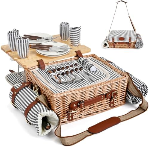 Multifunctional Wicker Picnic Basket Set for 4 with Blanket and Picnic Table, Insulated Picnic Set with Full Tablewares for Camping Outdoor Couples, Stripes by SatisInside